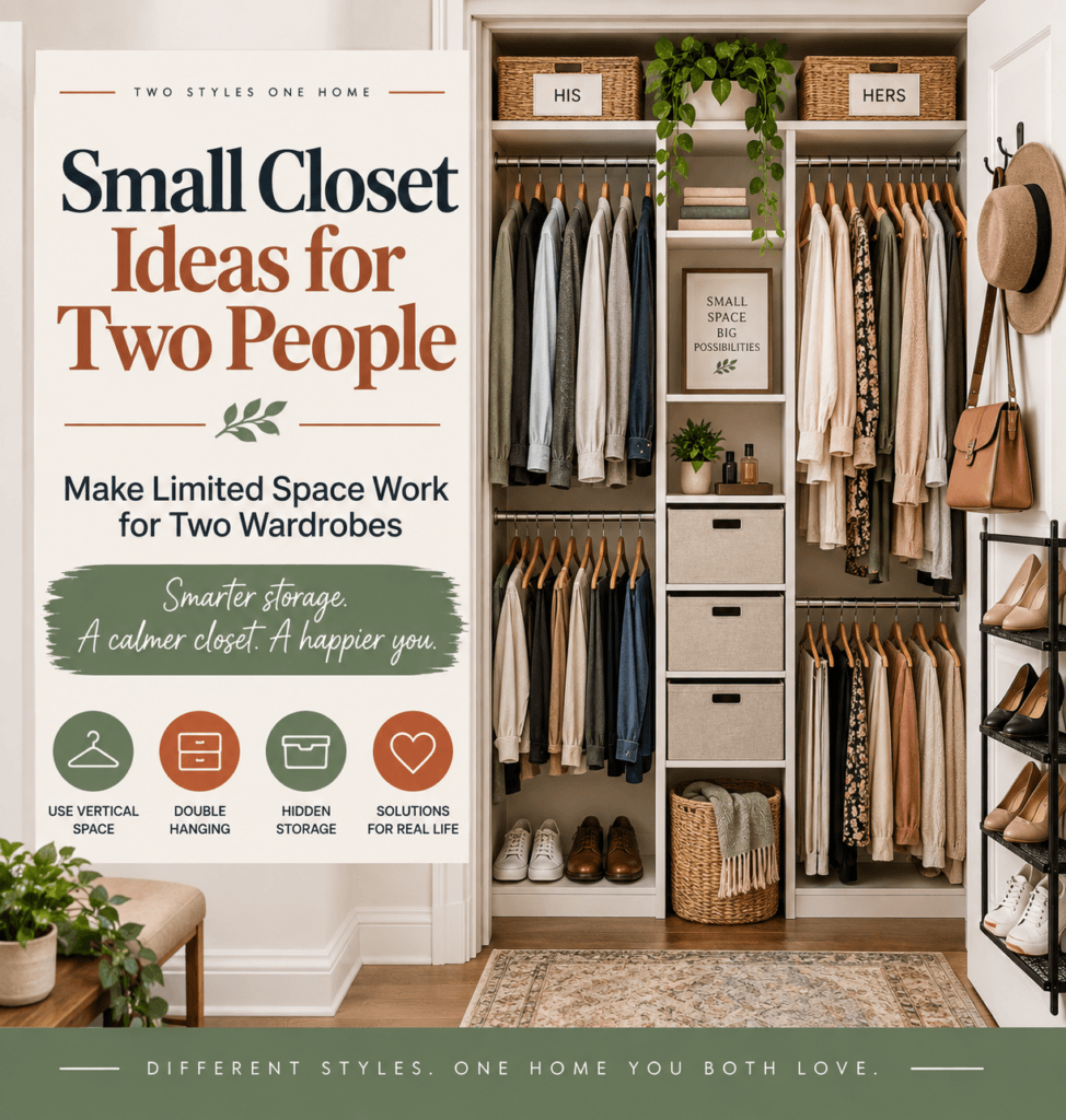 Small closet ideas for two people with double hanging rods, separate wardrobe zones, shelves, bins, shoes, and vertical storage