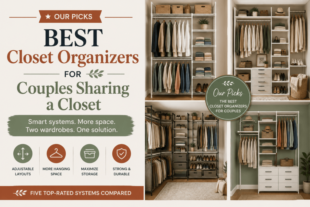 Best closet organizers for couples sharing a closet with adjustable hanging space, shelving, drawers, and storage systems