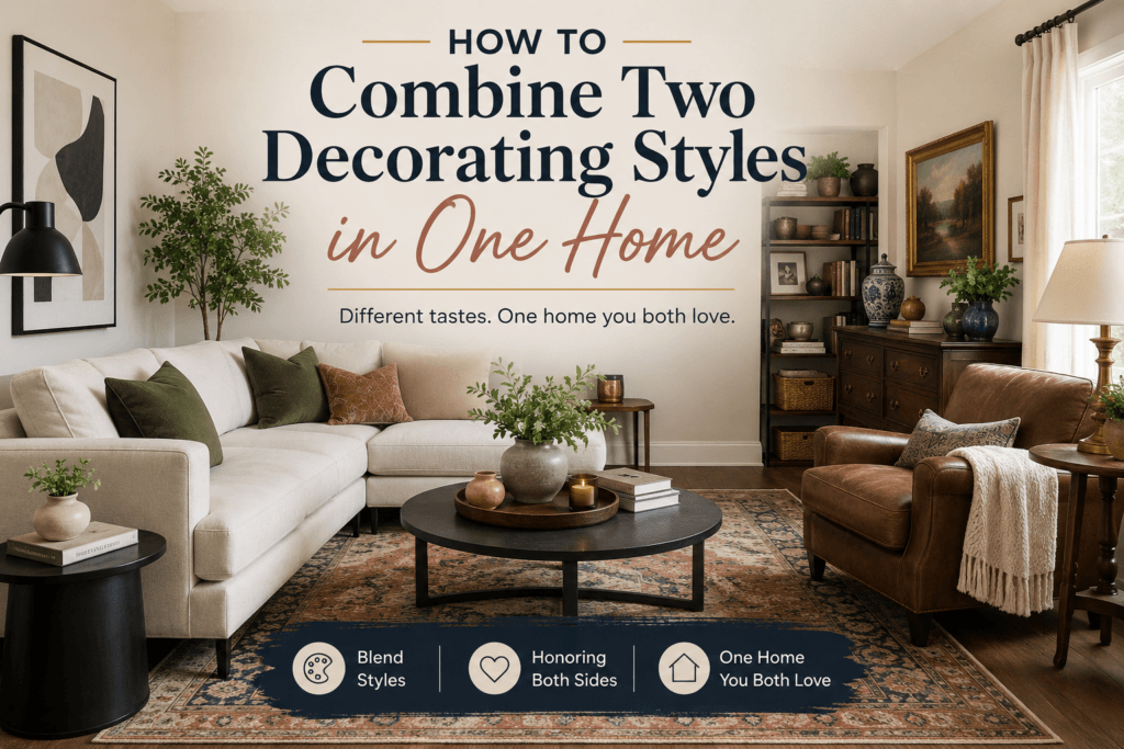 Living room combining two different decorating styles into one cohesive shared home