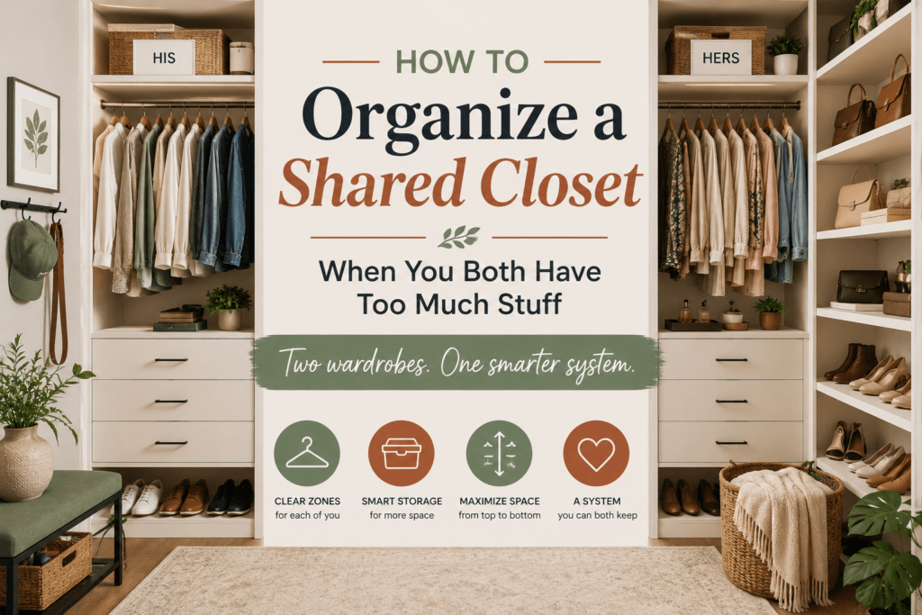Organized shared closet for two people with separate storage zones, hanging space, shelves, shoes, and smart closet organization